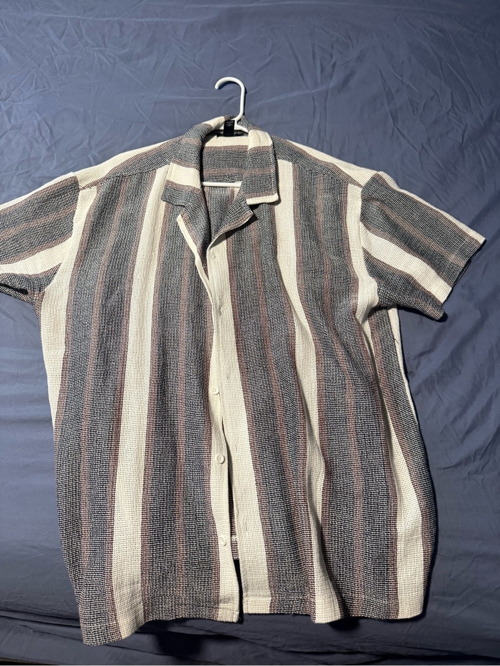Forever 21 Men's Short-Sleeve Button-Up Shirt in Cream, Gray, and Brown Stripes